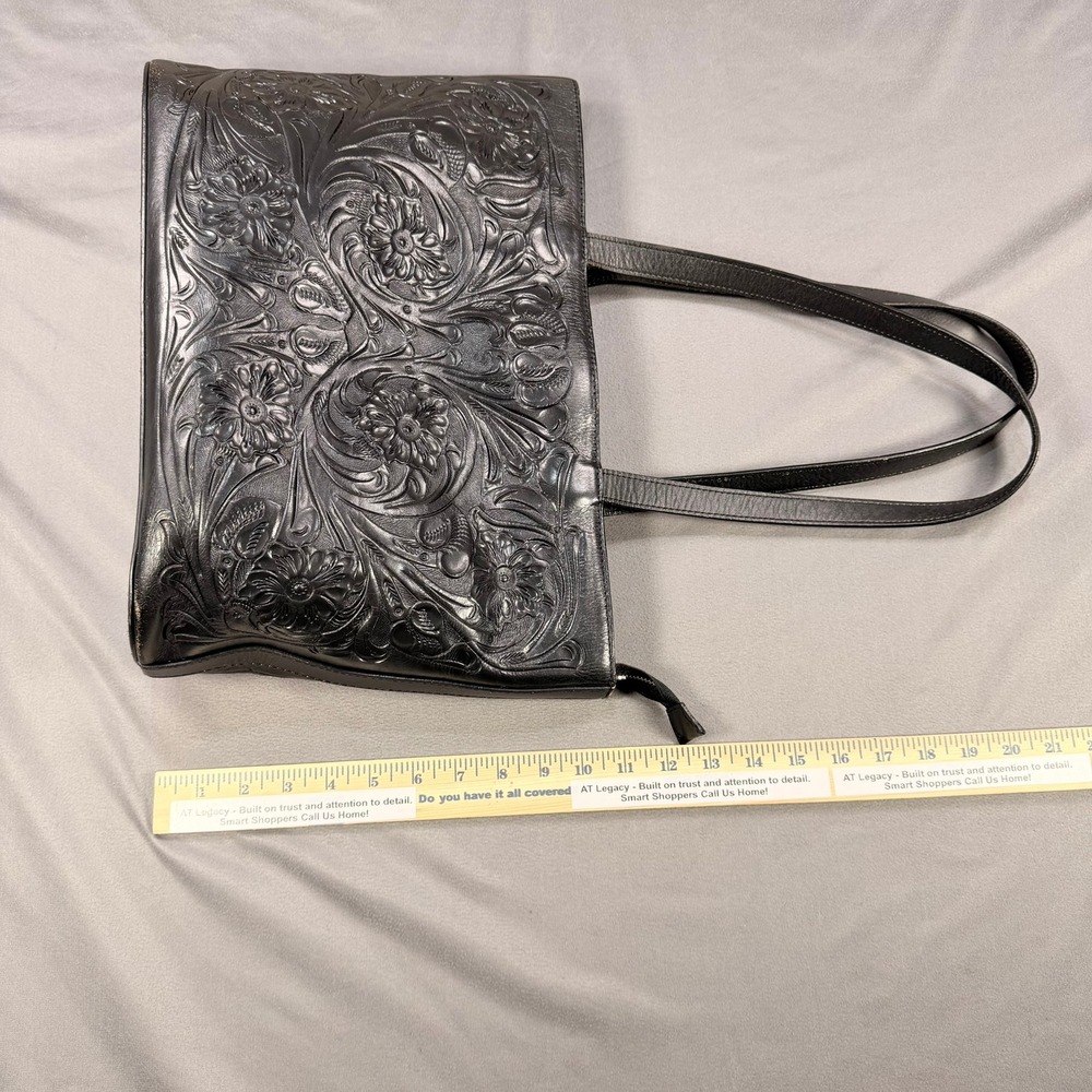 Mauzari Floral Tooled Tote Cowhide Leather Black Medium 14x10 Zip Top Bag - Picture 9 of 16